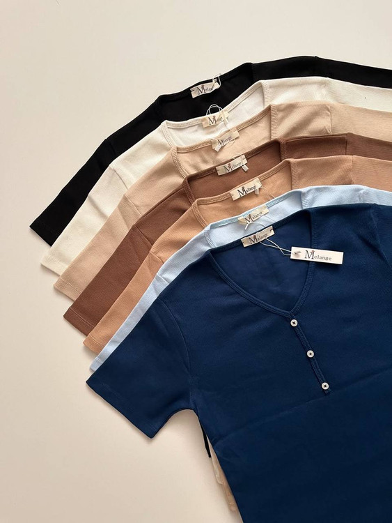 تیشرت زنانه استین کوتاه دکمه نما جنس کبریتی